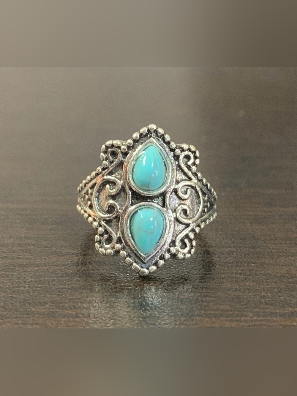 Turquoise Double-Stone Silver Statement Ring SIZE: 6